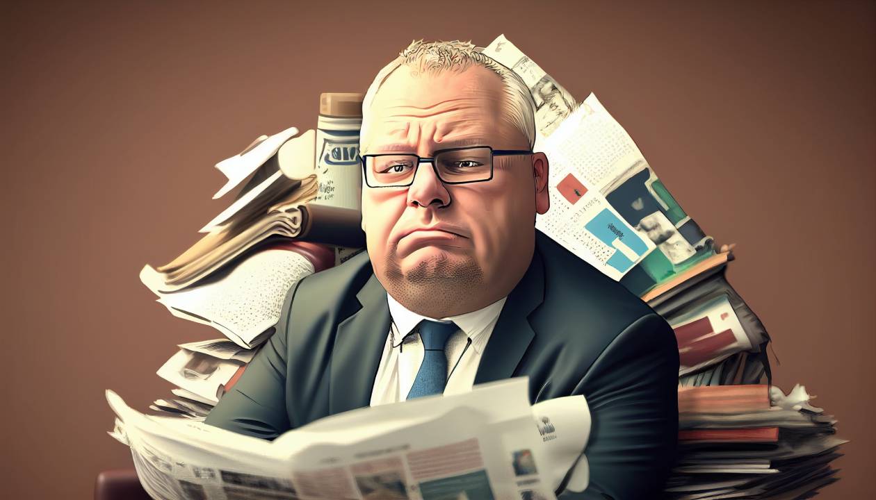 Caricature of Michal Klíma, a glum man in a suit and glasses holding an open paper amid piles of newspapers