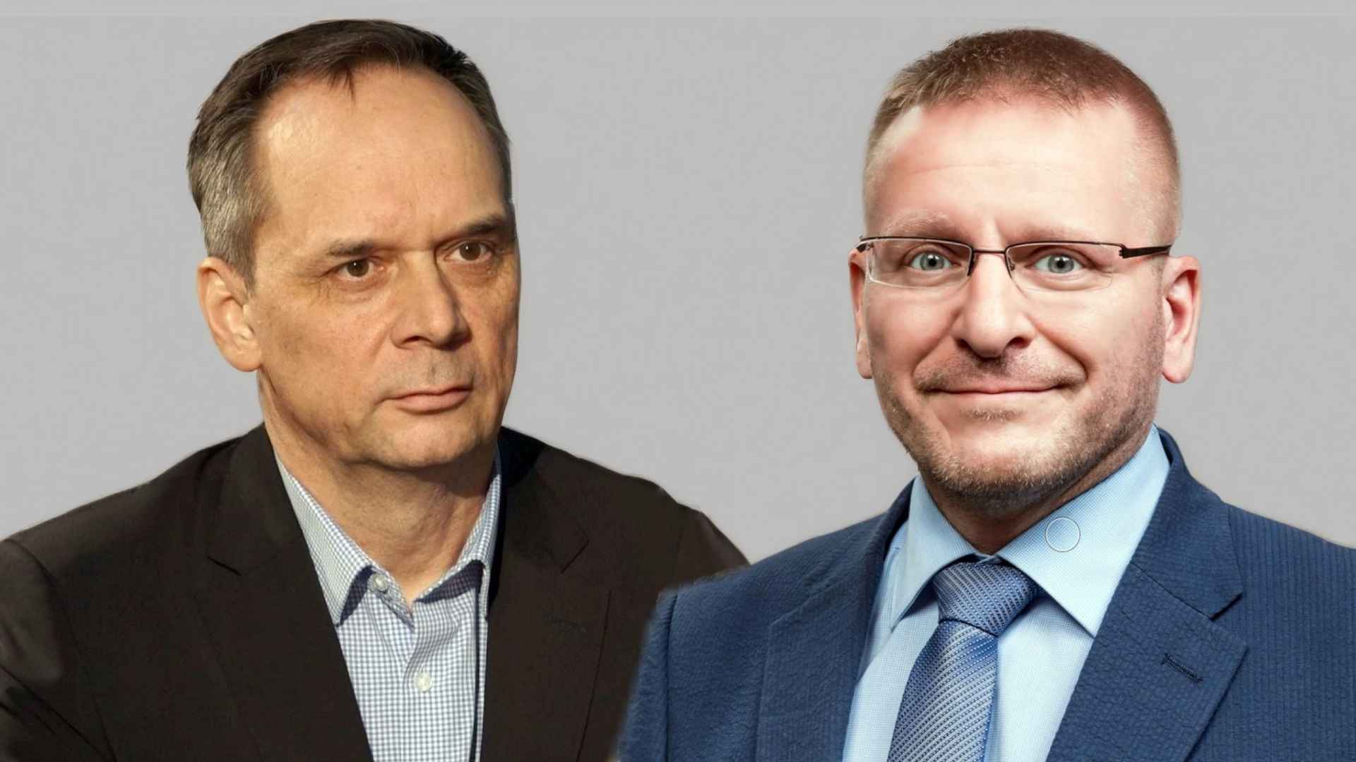 Composite portrait of Petr Buchta, older with grey hair, and Marek Poledníček in glasses, both in suits on a grey background