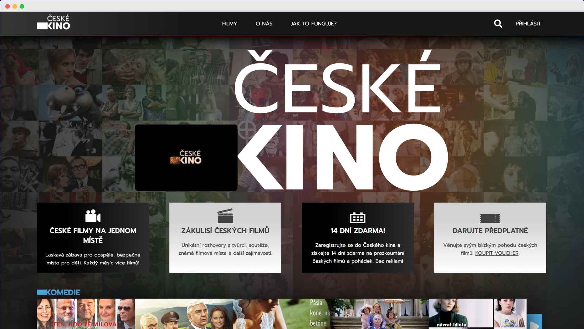 Homepage of the České Kino streaming service with the large title “ČESKÉ KINO” and boxes offering “14 DNÍ ZDARMA!” and “DARUJTE PŘEDPLATNÉ”