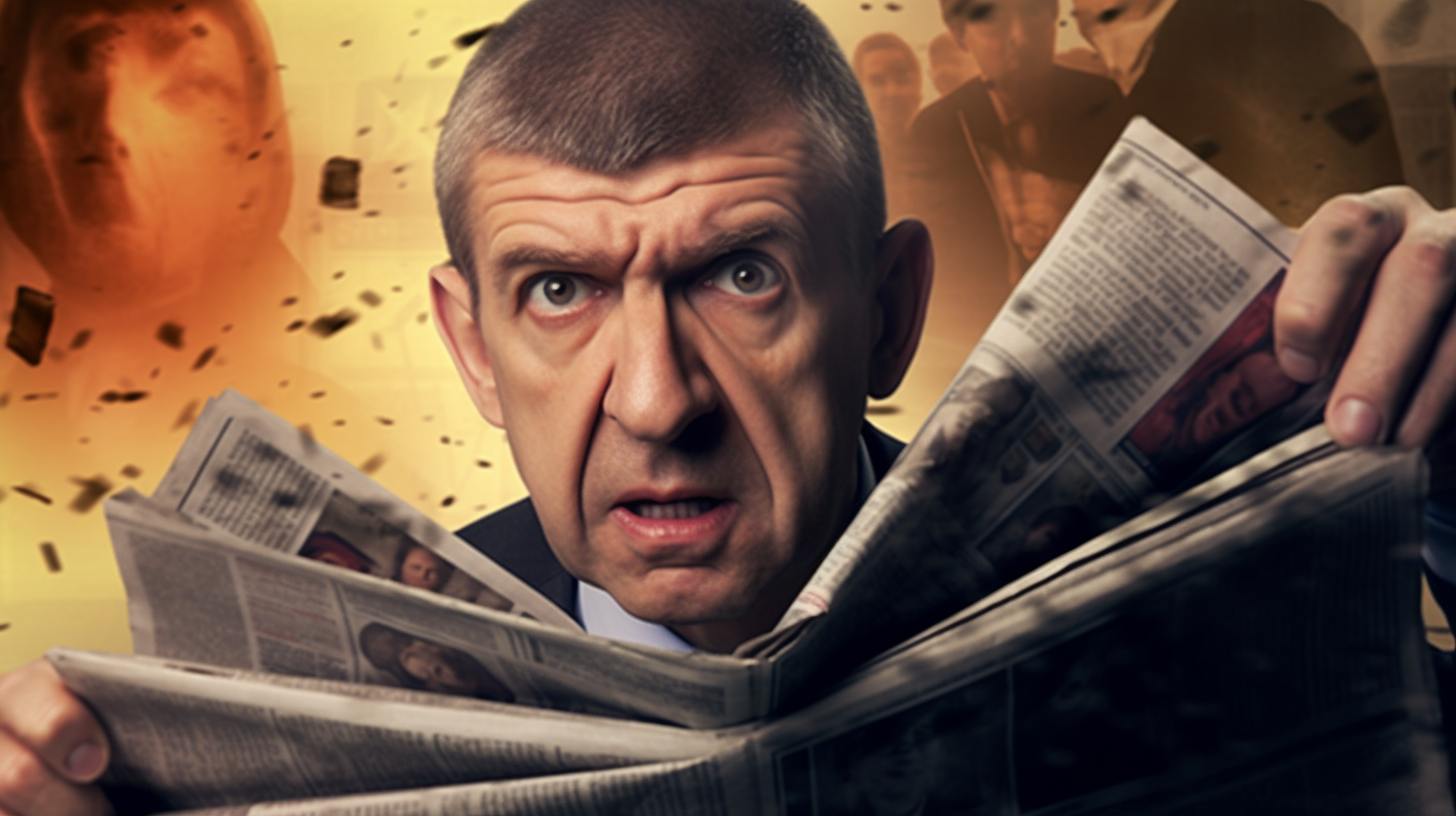 Caricature of Andrej Babiš frowning in a suit, holding open newspapers with debris and faces behind him
