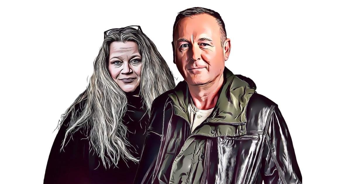 Stylised illustrated portraits of Ivana Svobodová with long grey hair and Martin Dorazín in a dark jacket against a white background