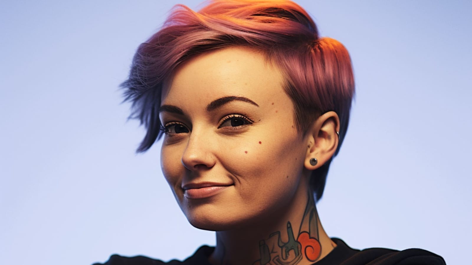 Illustration of virtual radio host Hacsiko, a smiling young woman with short pink hair, earpiece and neck tattoo on a pale blue background
