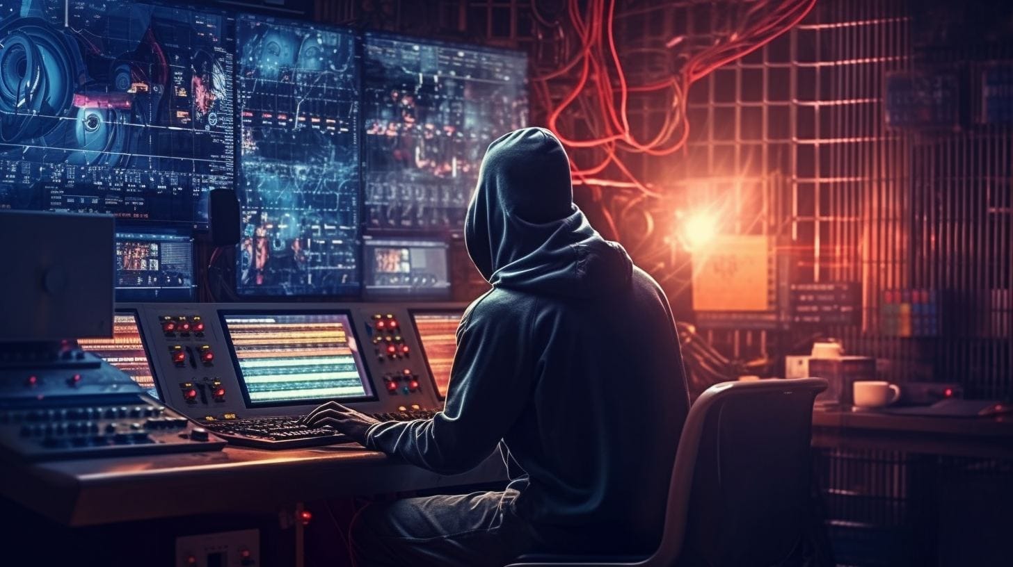 AI-generated illustration of a hooded figure at a control desk with glowing screens in a dark room, depicting cybercrime