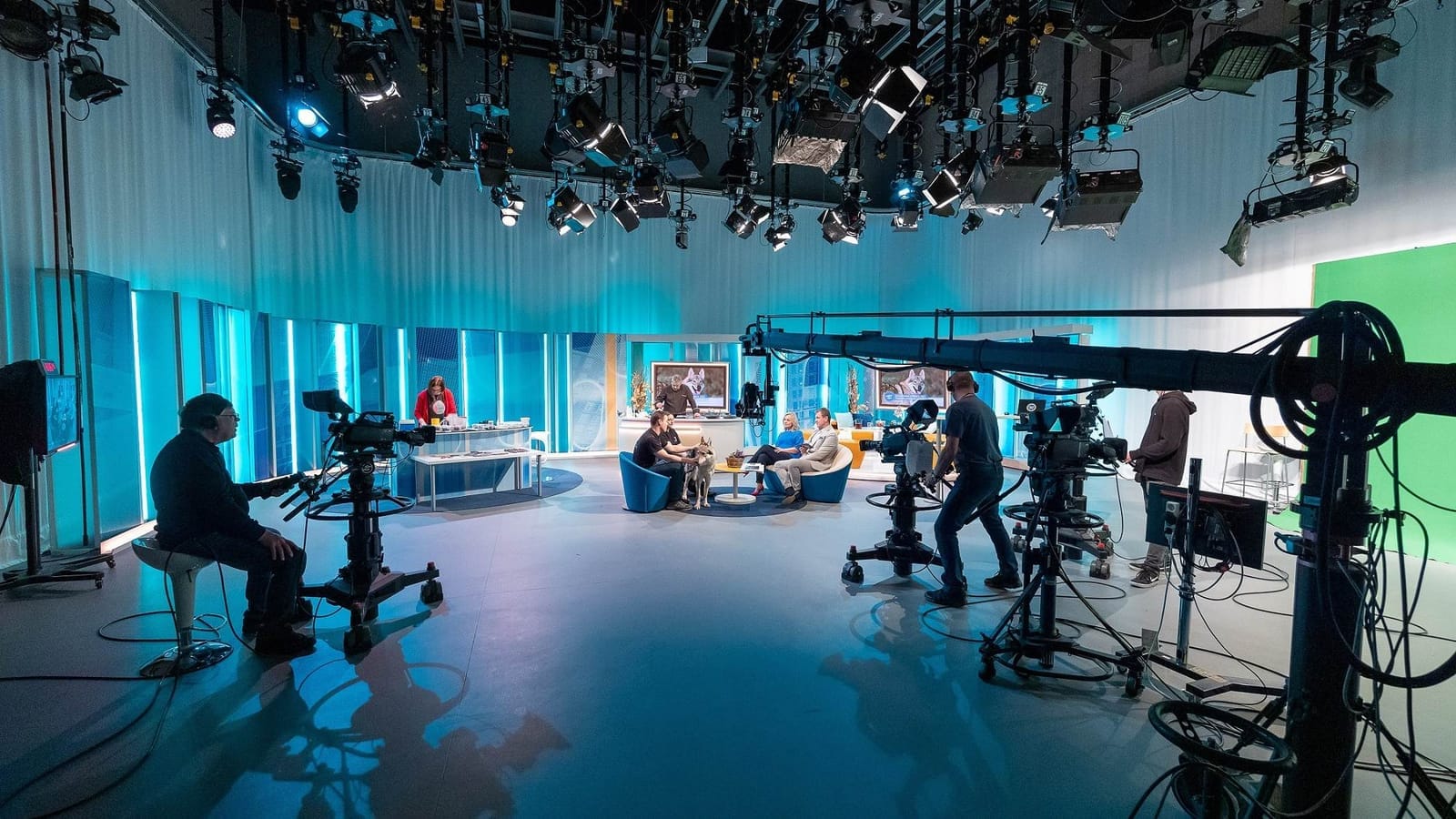 Television studio with camera operators, stage lighting rigs, a green screen and guests seated with a dog on a set