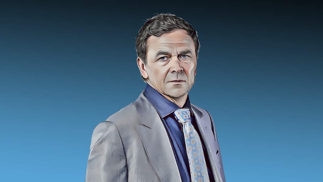 Stylised digital portrait of Pavel Tykač in a grey suit and patterned tie against a blue background