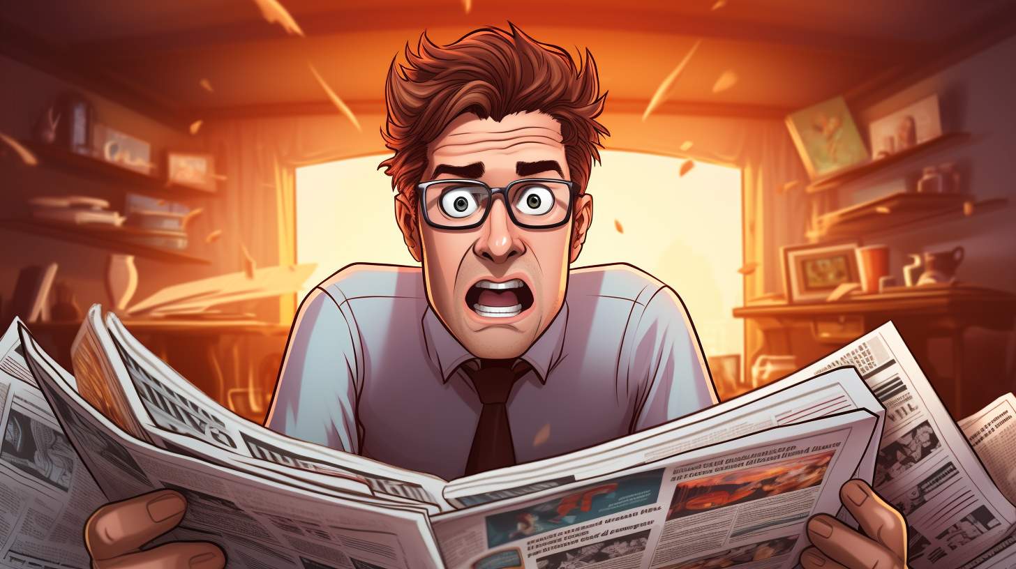 Cartoon of a shocked man in glasses and tie reading a newspaper in a living room