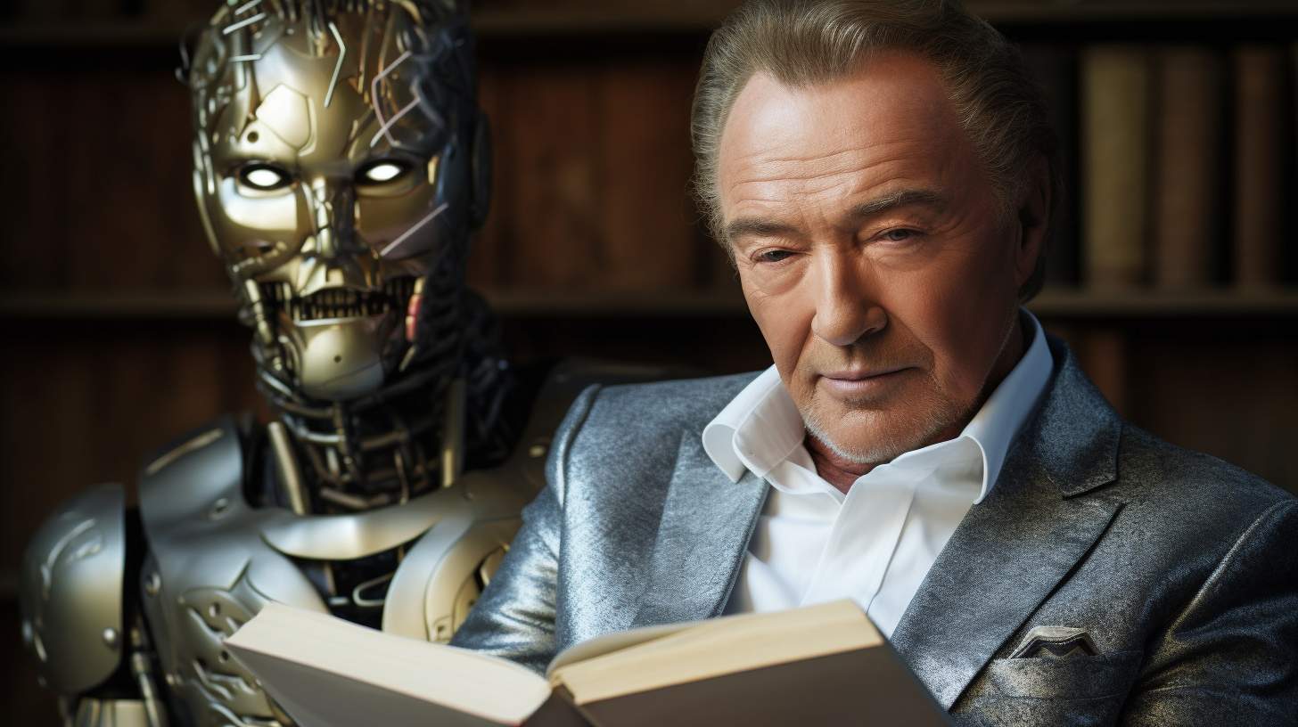 AI-generated illustration of Karel Gott in a silver jacket reading a book beside a metallic humanoid robot in a library