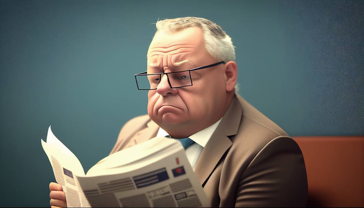 Caricature of a glum older Michal Klíma in a suit and glasses reading a newspaper