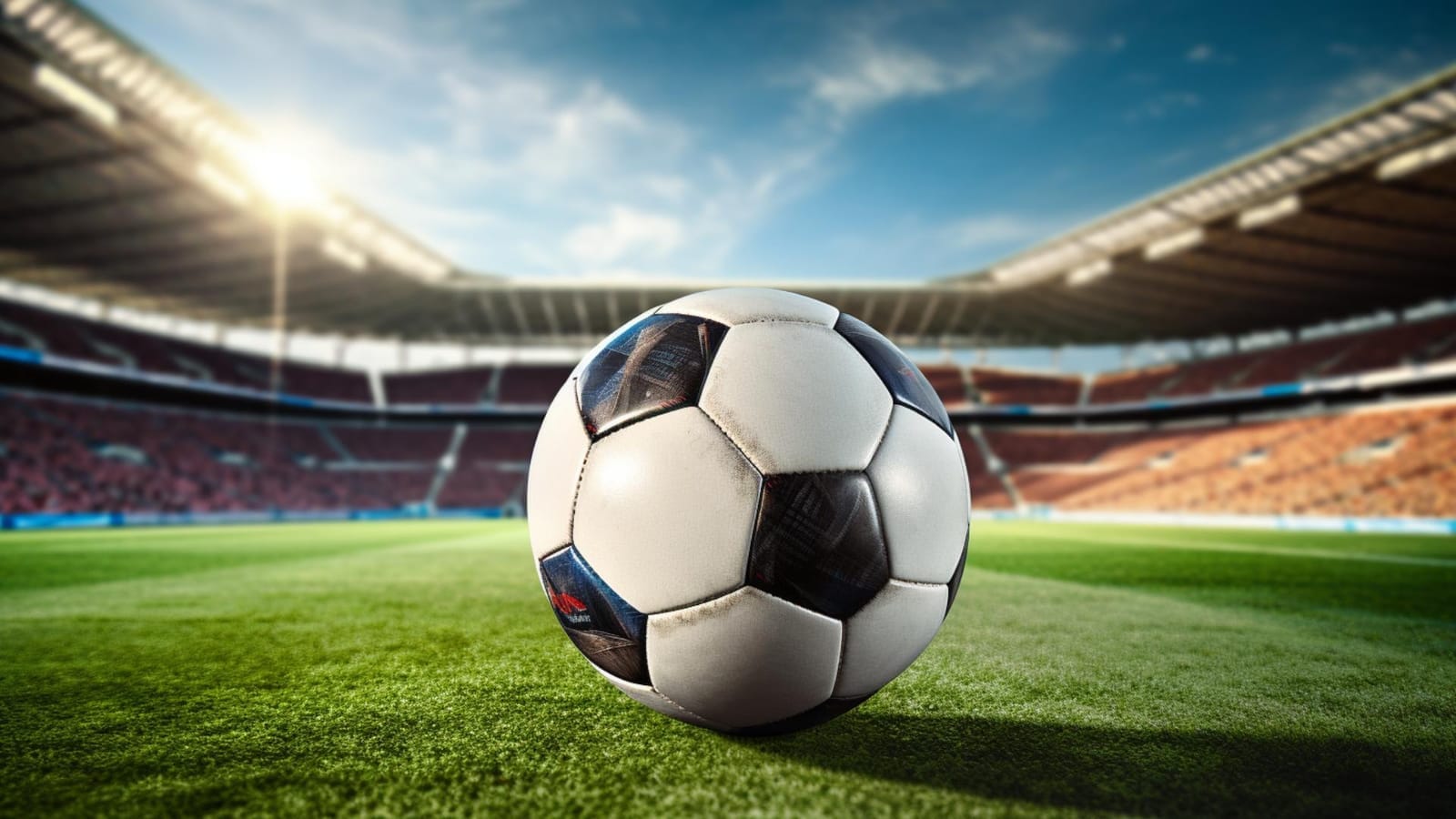 Football lying on the grass of a sunlit stadium with empty stands