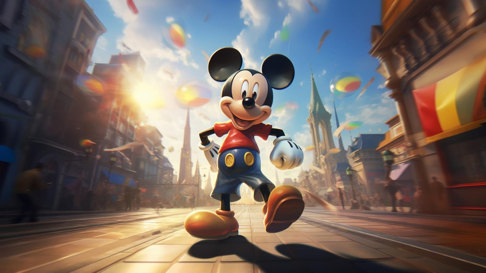 3D-animated Mickey Mouse walking down a sunlit street with balloons and colourful buildings