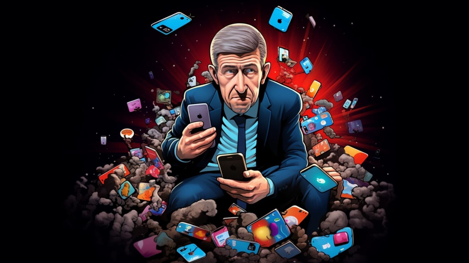 Caricature of Andrej Babiš in a blue suit holding two smartphones amid scattered phones and social media icons on a red starburst background