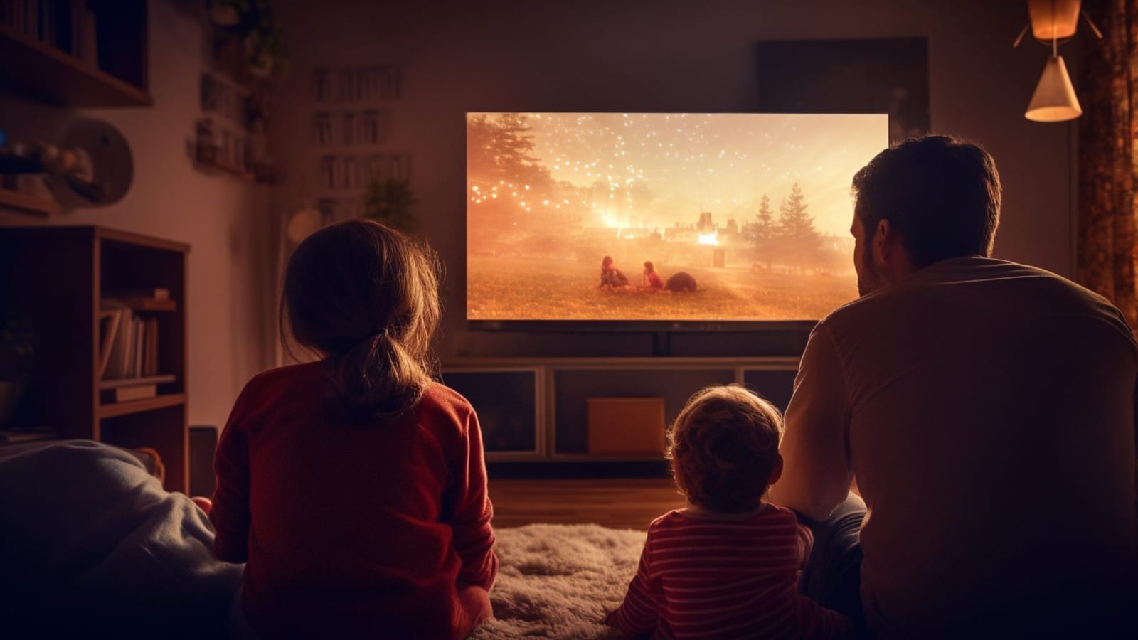 A family with two children sitting in a dimly lit living room watching a large TV showing a glowing sunset scene
