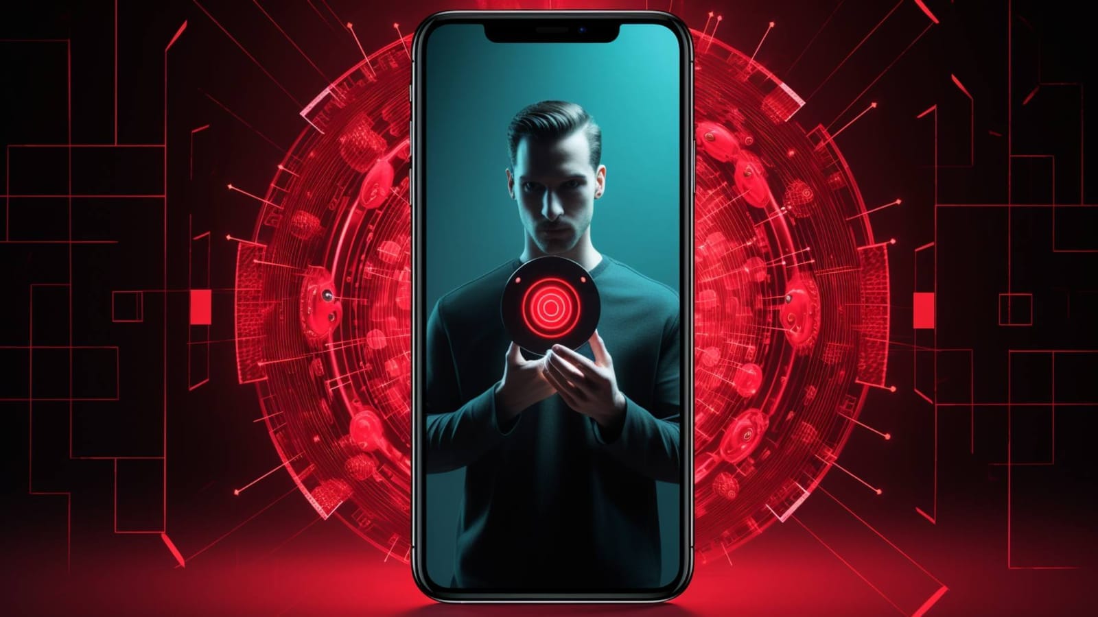 Illustration of a smartphone screen showing a man holding a glowing red target symbol, against a red digital circular pattern