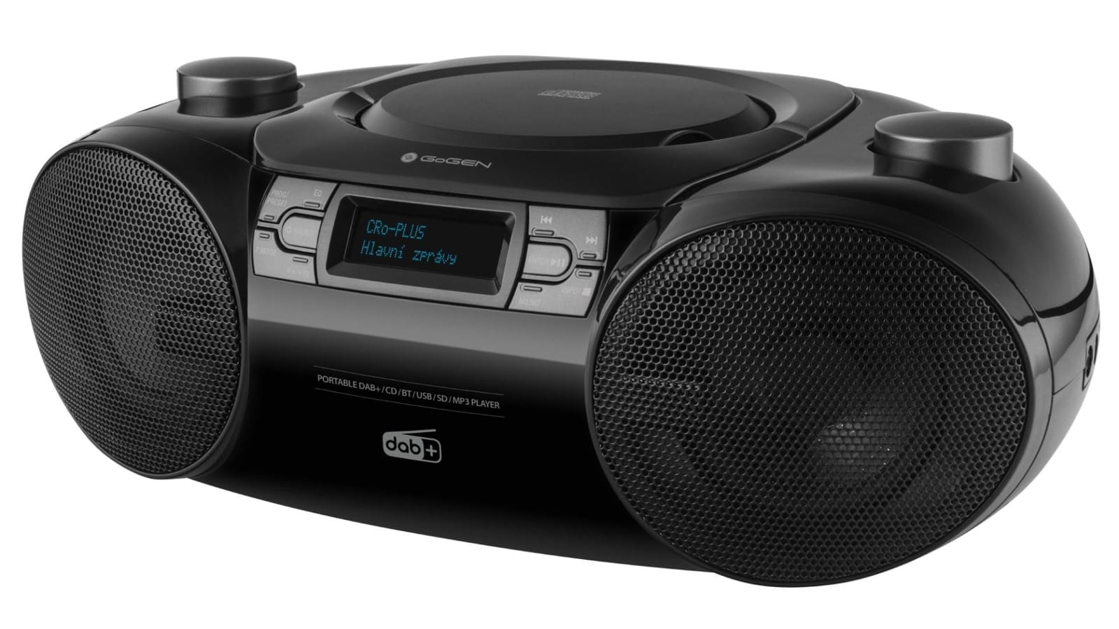 Black GoGEN portable DAB+ radio with CD player, display showing "CRo-PLUS Hlavni zpravy" and a dab+ logo