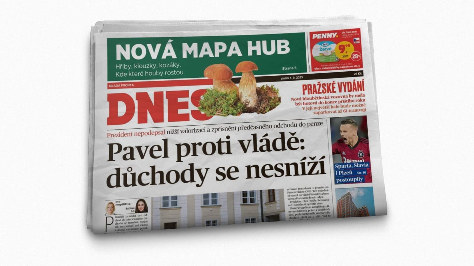 Front page of the Czech daily MF Dnes with headlines "Nová mapa hub" and "Pavel proti vládě: důchody se nesníží"