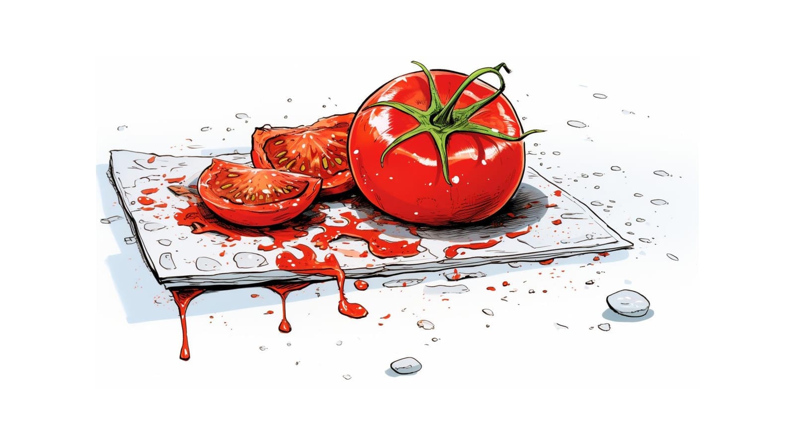 Illustration of a whole tomato and tomato slices on a stack of newspapers, with red juice splattering and dripping off the edge