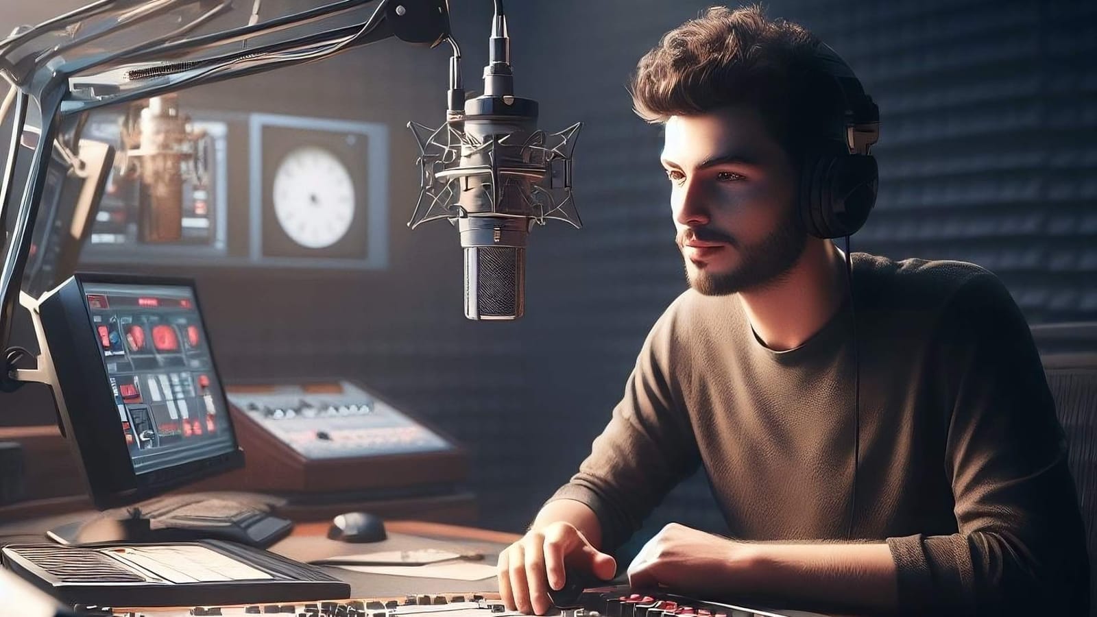 AI-generated illustration of a young man in headphones at a radio studio mixing desk beside a large microphone