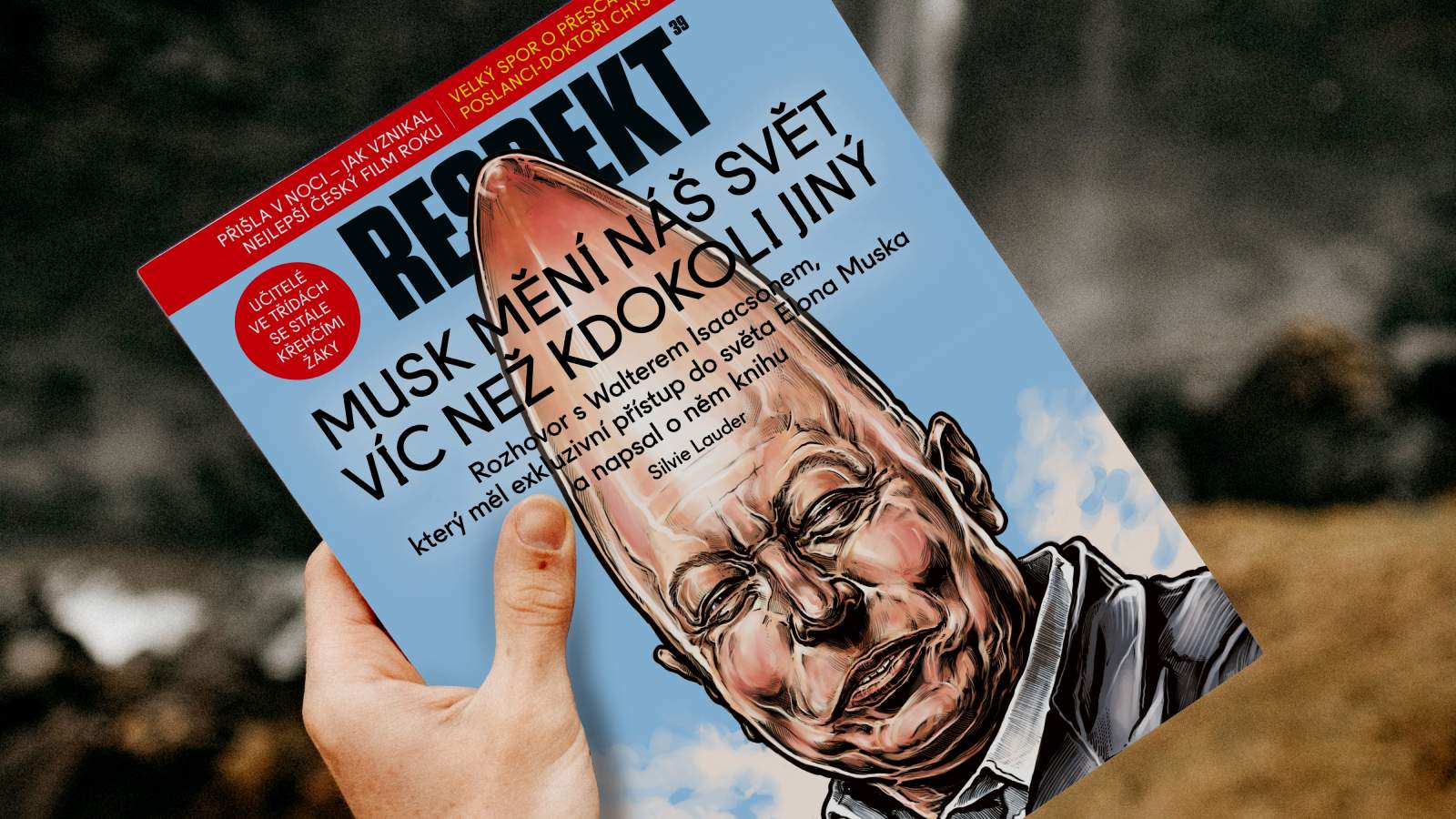 A hand holds an issue of the Czech weekly Respekt with a caricature cover and the headline “Musk mění náš svět víc než kdokoli jiný”