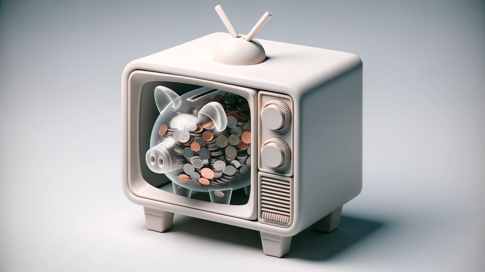 Illustration of a retro white television whose screen contains a transparent piggy bank filled with coins