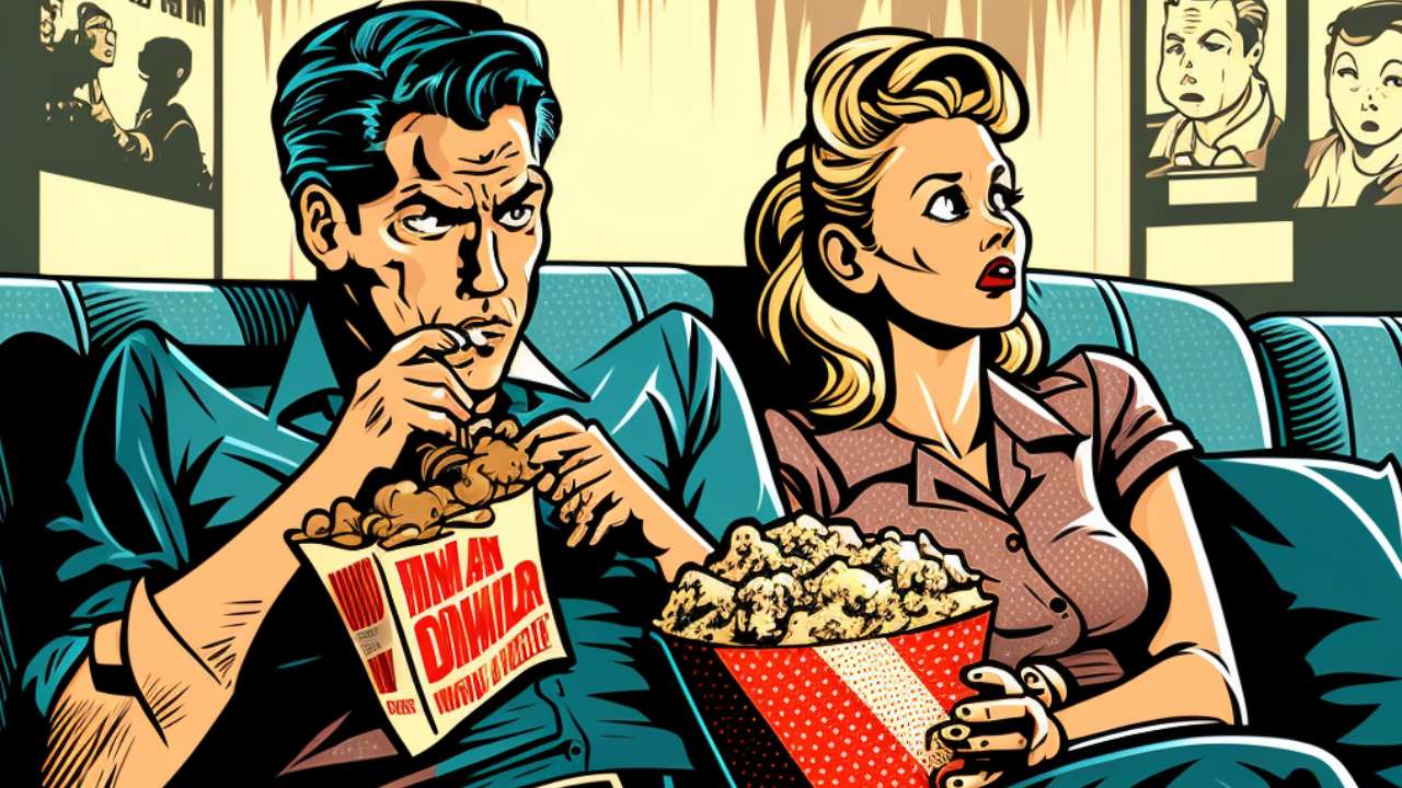 Comic-style illustration of a man and a woman sitting in cinema seats with buckets of popcorn, both looking to the side