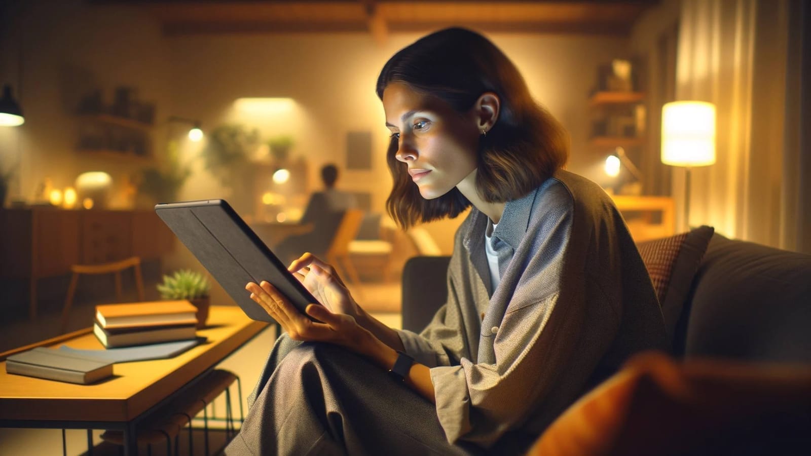 Woman sitting on a sofa in a dimly lit living room, watching a glowing tablet she holds in her hands