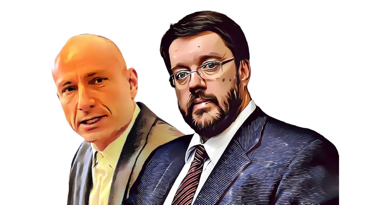 Stylized illustrated portraits of Oldřich Vágner and Tomáš Řehák in suits against a white background