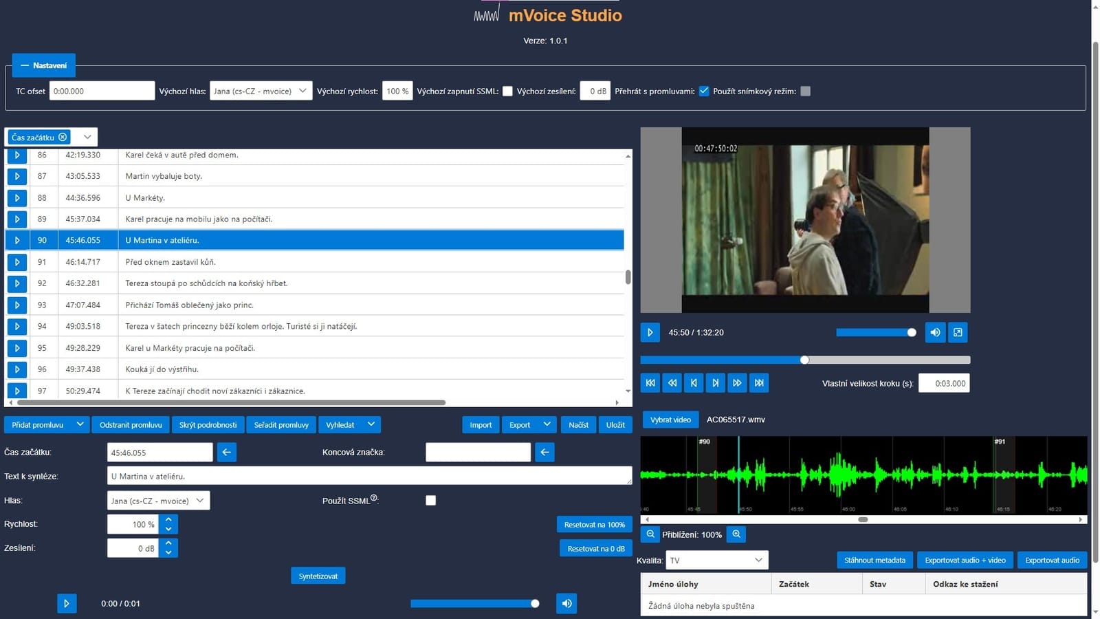 Screenshot of mVoice Studio version 1.0.1 with a list of timecoded Czech description lines, video preview and audio waveform