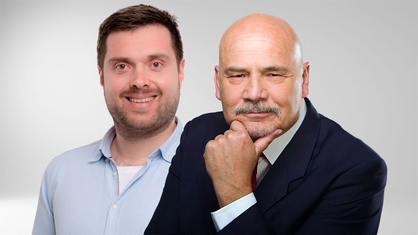 Jiří Kokmotos, a younger man in a light blue shirt, smiling beside a bald Jan Štern in a dark suit resting his chin on his hand