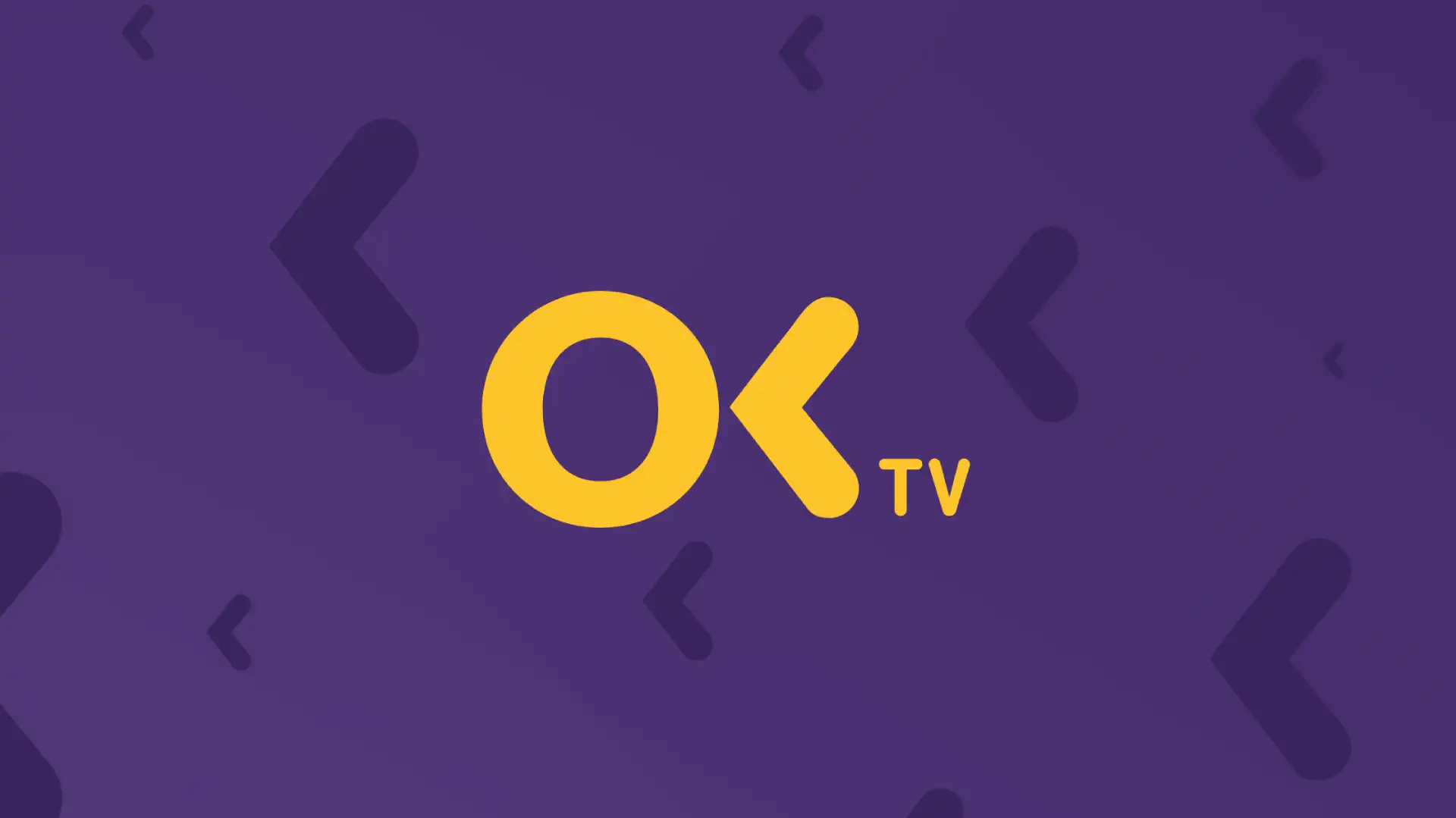 Yellow "OK TV" logo on a purple background patterned with chevron shapes