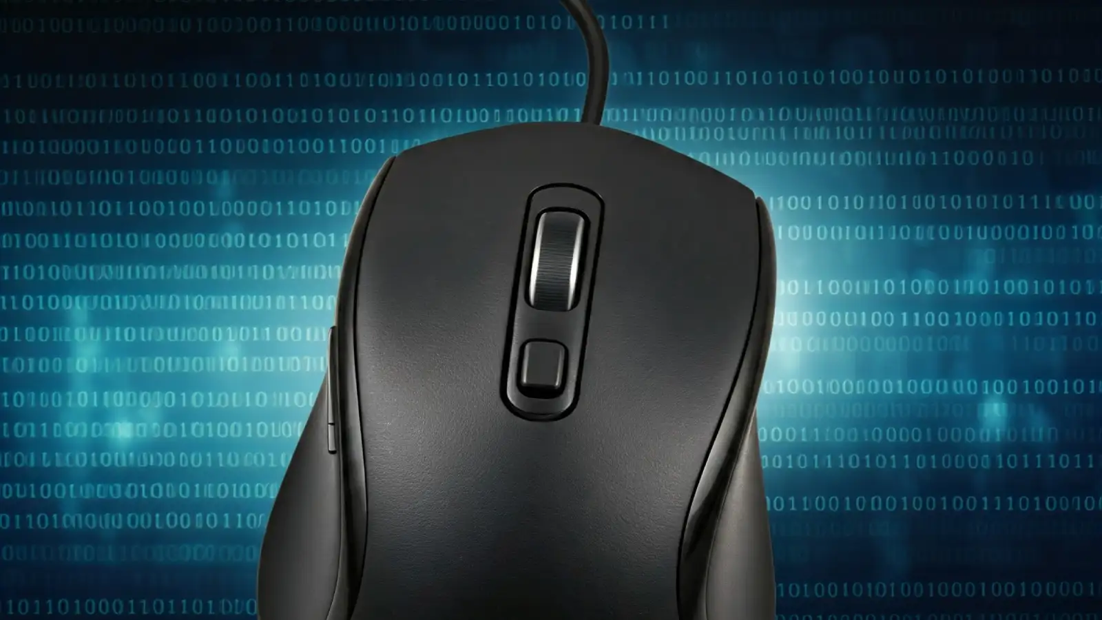 Black wired computer mouse against a blue background of binary code
