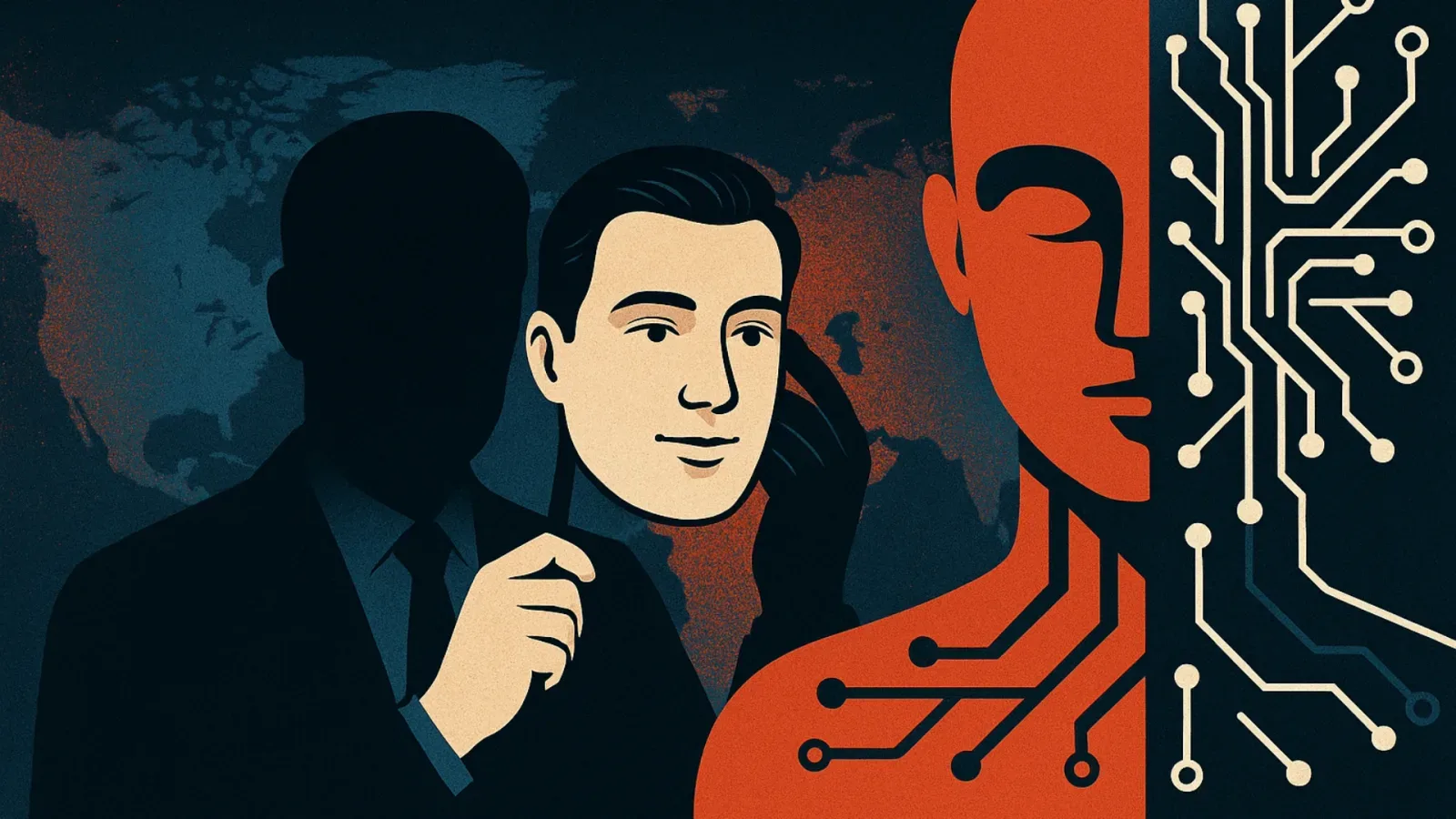 Illustration of a silhouetted man in a suit holding a mask of another man's face, beside a half-red figure with a circuit-board head, over a world map
