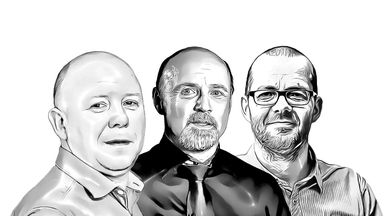 Stylised black-and-white portraits of the three finalists for ČTK director general: a bald man, a bearded man in a dark shirt and a man with glasses