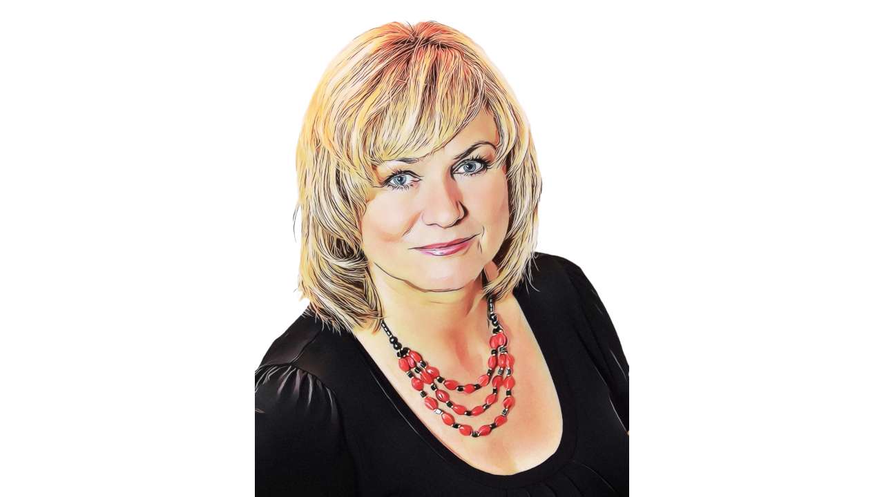Stylised portrait of Naďa Petrová, a blonde woman in a black top with a red beaded necklace on a white background