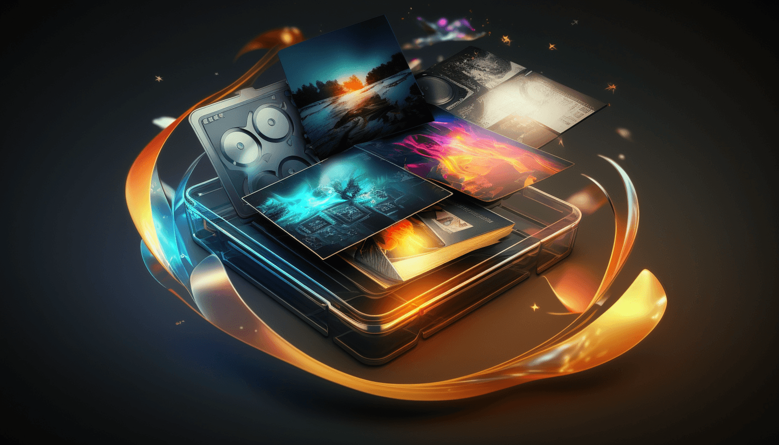 Digital illustration of colourful photos and media files floating out of a glowing dark box wrapped in orange ribbons