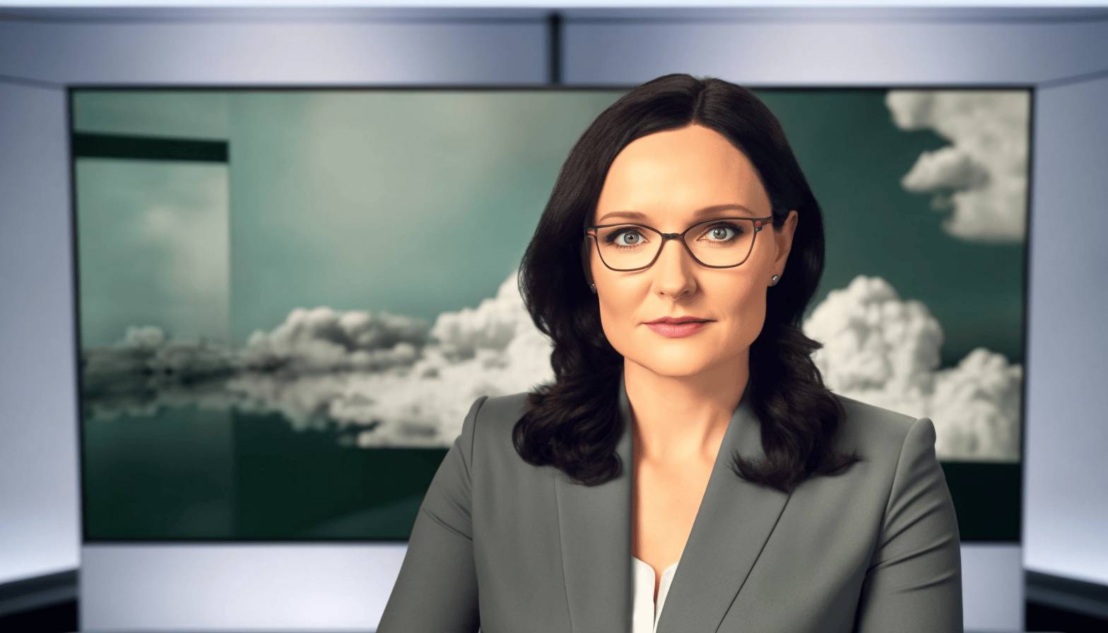 AI-generated illustration of Renáta Kellnerová in glasses and a grey blazer in a television studio, a cloud image on the screen behind her