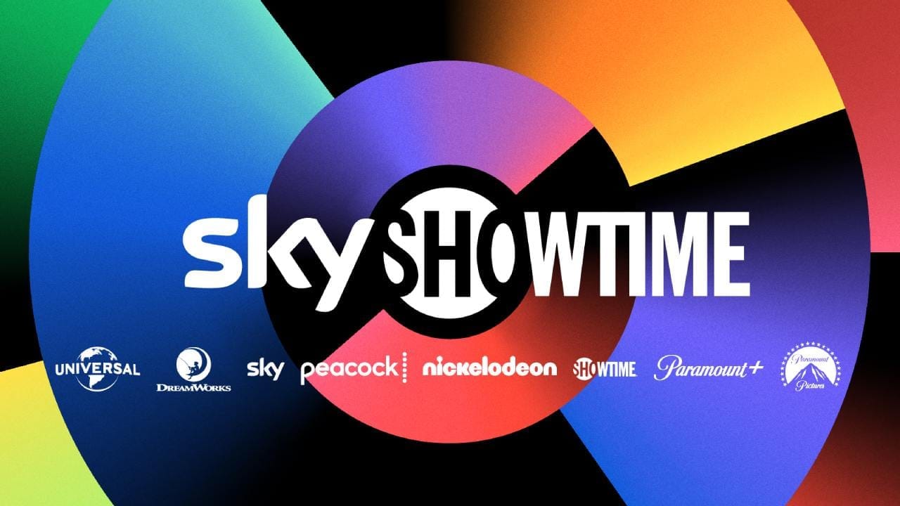 SkyShowtime logo on a colourful background with brand logos Universal, DreamWorks, Sky, Peacock, Nickelodeon, Showtime, Paramount+ and Paramount Pictures