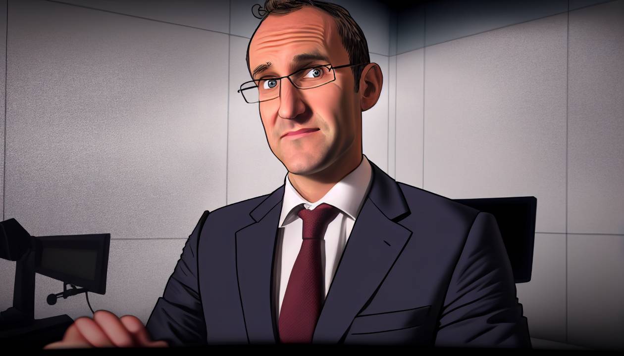 AI-generated illustration of Daniel Křetínský in glasses, dark suit and red tie, seated in a studio