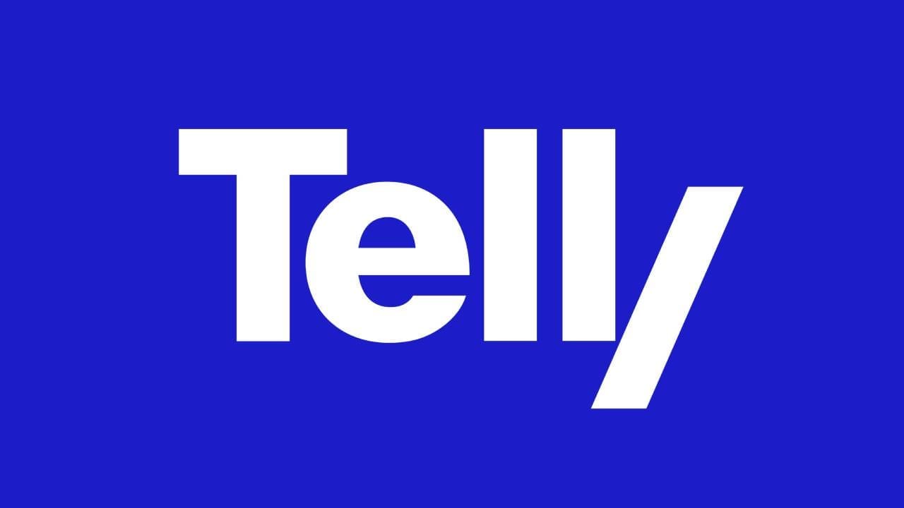 White "Telly" logo on a blue background