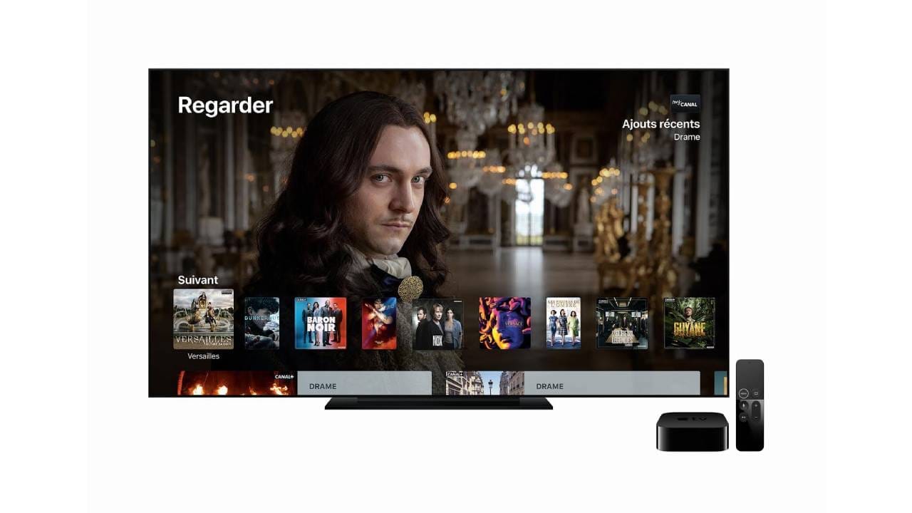 TV screen showing a French Canal+ interface titled "Regarder" with rows of series thumbnails, next to an Apple TV box and remote