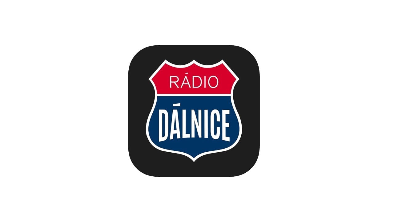 Rádio Dálnice logo: red and blue highway shield badge on a black rounded square