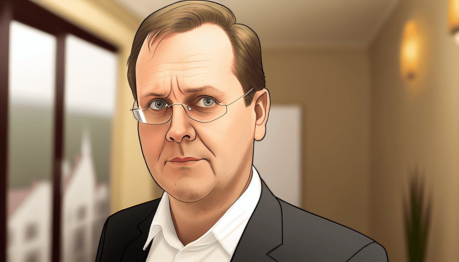 AI-generated illustration of Petr Dvořák in glasses, dark jacket and white shirt standing in a corridor