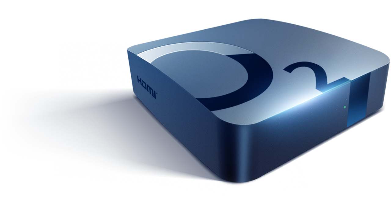 Blue O2 TV set-top box with the O2 logo on top and an HDMI label on the side