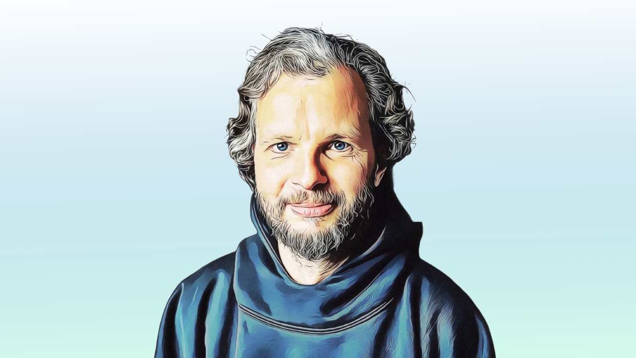 Stylised illustration of Marek Prchal, a bearded man with curly greying hair in a dark hooded top on a pale blue background