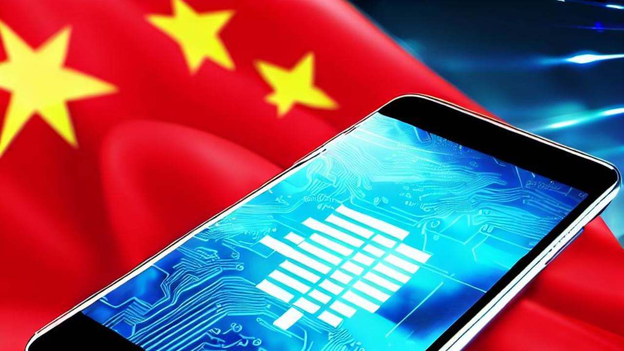 Illustration of a smartphone with a blue circuit-board screen in front of the red Chinese flag with yellow stars