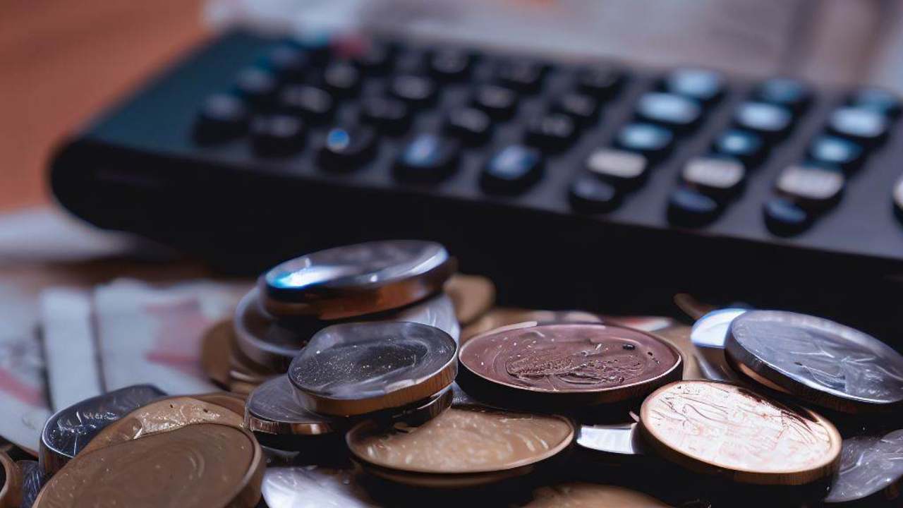 Pile of coins and banknotes on a table in front of a TV remote control