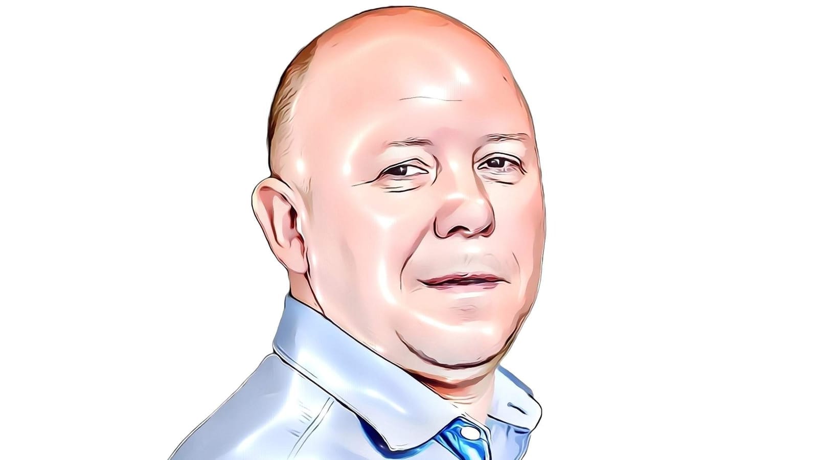 Stylized cartoon-style portrait of Jaroslav Kábele, a bald man in a light blue shirt