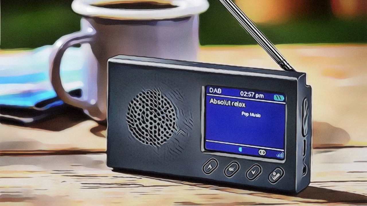 Portable DAB radio on a wooden table with a coffee mug, display showing "DAB 02:57 pm, Absolut relax, Pop Music"