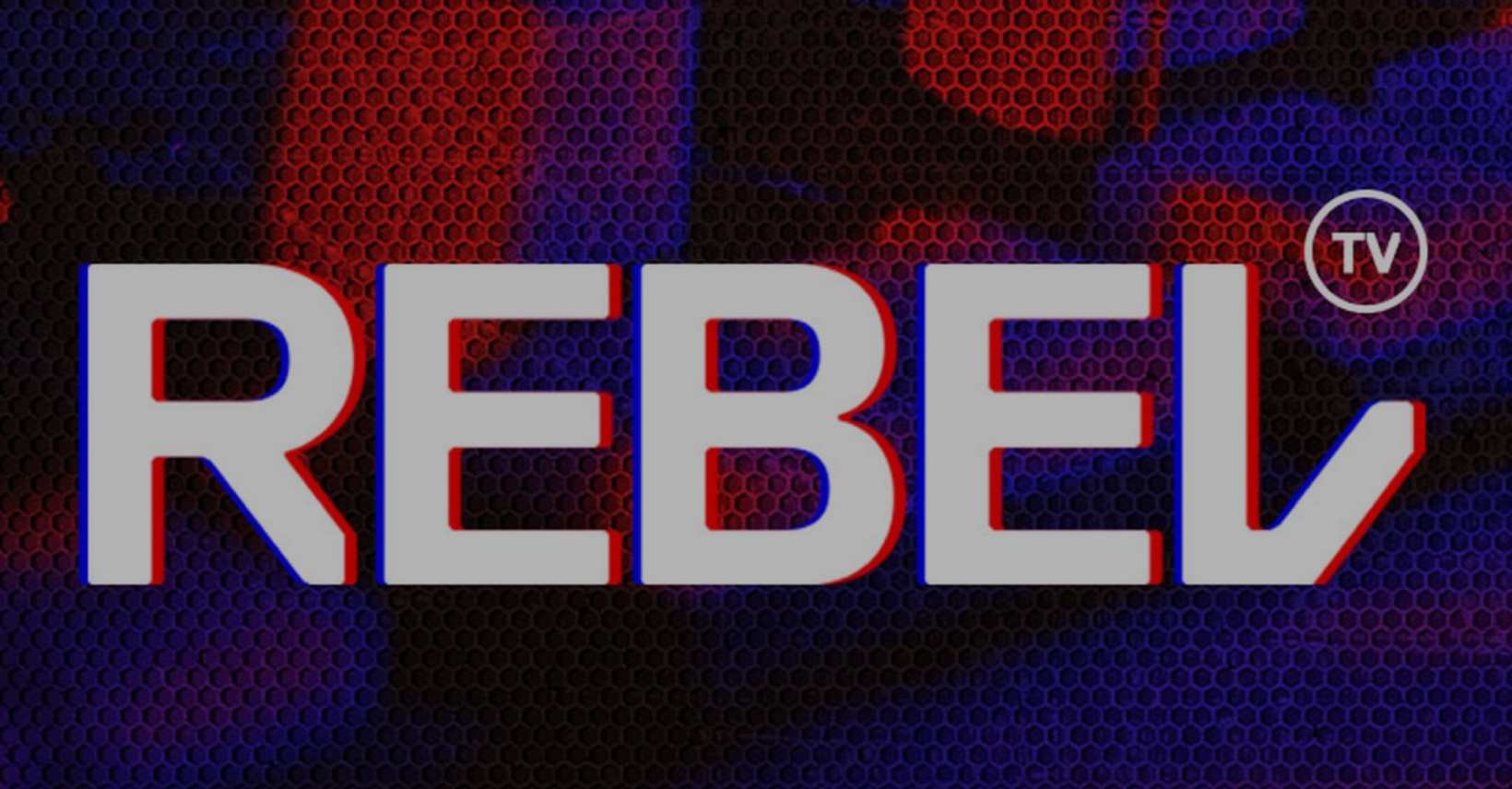 Rebel TV logo — grey "REBEL" lettering with a small "TV" circle on a red and blue honeycomb background