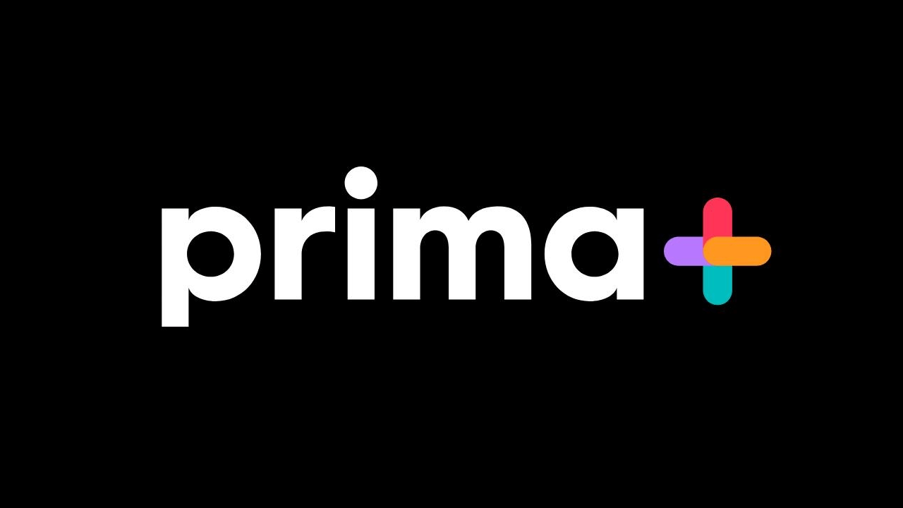 Prima+ logo in white lettering with a colourful plus sign on a black background