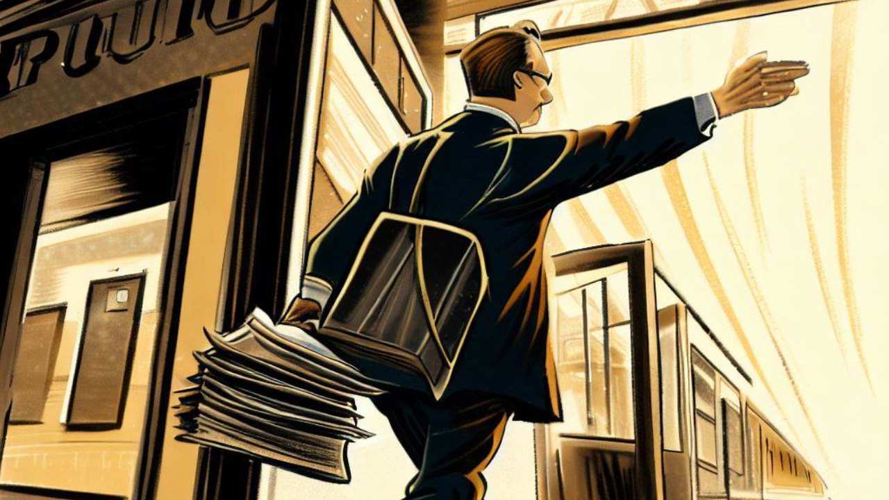 Illustration of a man in a suit with a briefcase and a bundle of newspapers running to catch a departing train, arm outstretched
